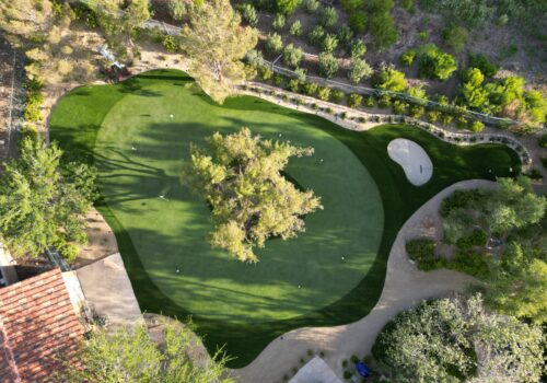 A bird 's eye view of a golf course with trees.