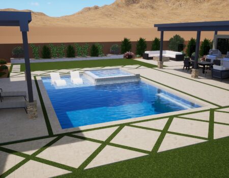 A pool with a spa and a gazebo in the background.
