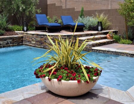 A large planter with flowers in it by the pool